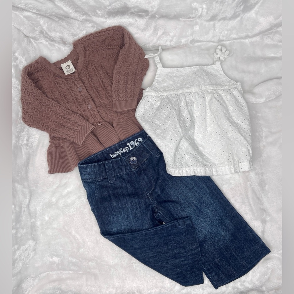 3 Pc Bundle, 12-18 Mo. Taupe Cardigan, White Eyelet Tank & Dark Blue Denim Pants